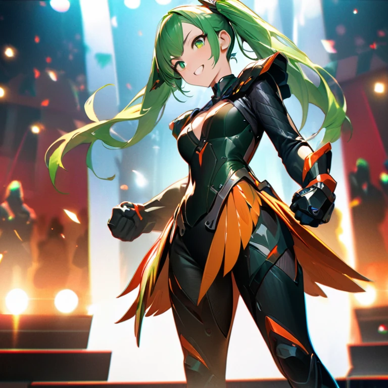 (best quality,8k,highres, masterpiece:1.2), ultra-detailed, HDR, UHD, studio lighting, ultra-fine painting, sharp focus, physically-based rendering, extreme detail description, professional, vivid colors, bokeh, portraits, concept artists, warm color palette, dramatic lighting,1 girl,green eyes,pigtails,fantasic fighter's costumes,have a brass knuckles made of iron,battle Arena background,fighting pose,grin,in front of huge bear,side view,green bird wing accessory is back,side view,Full of spectators in the audience,green hair,