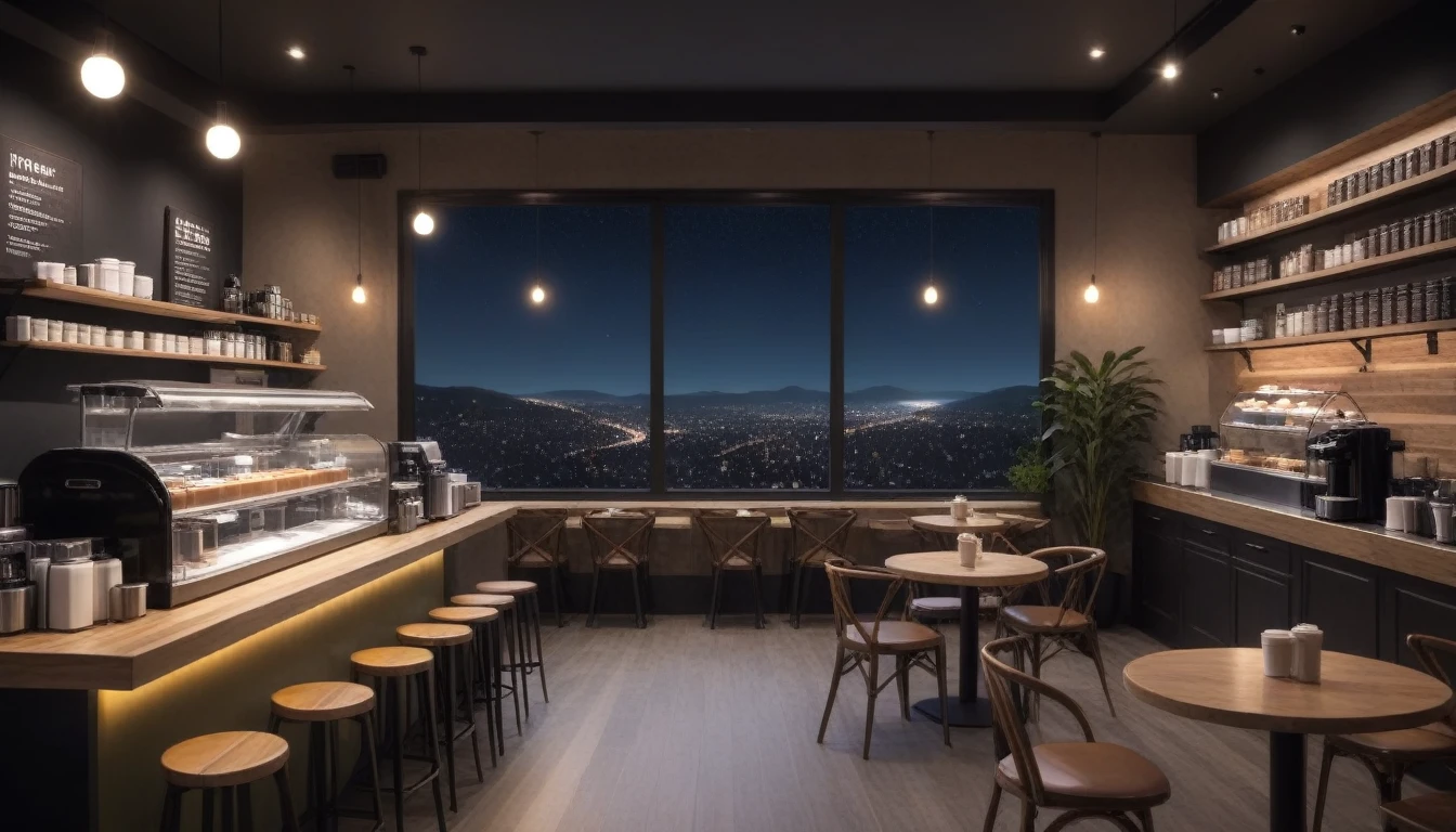 at night, frontal shot coffee shop interior, tables with coffee cups, and a big window in the center