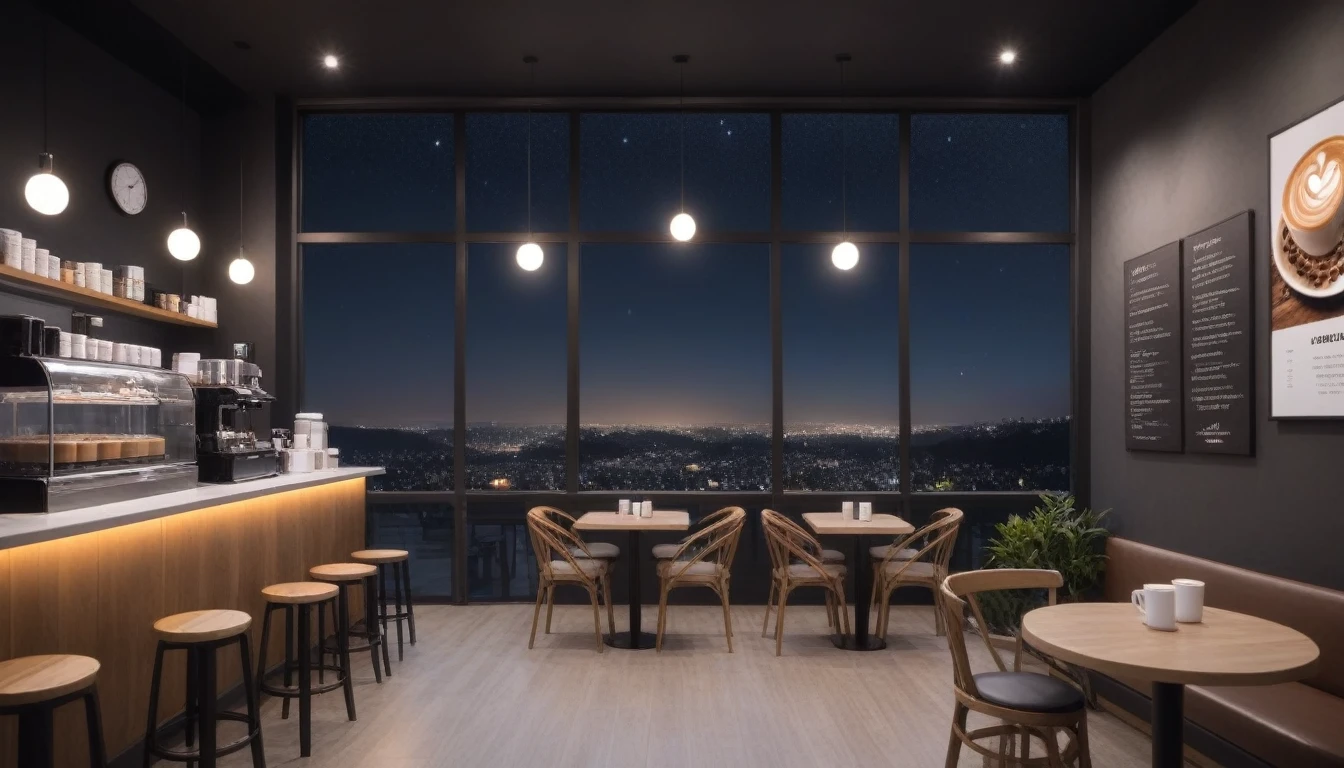 at night, frontal shot coffee shop interior, tables with coffee cups, and a big window in the center