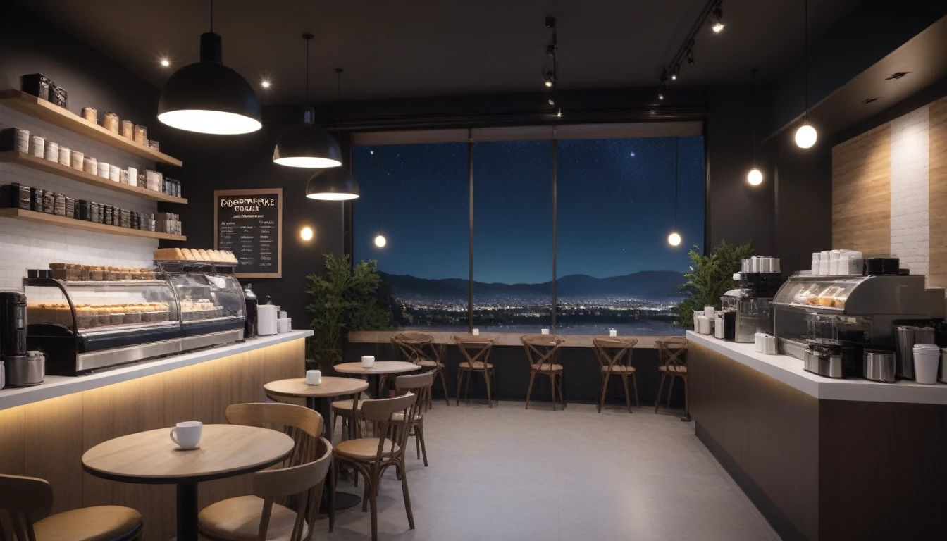 at night, frontal shot coffee shop interior, tables with coffee cups, and a big window in the center