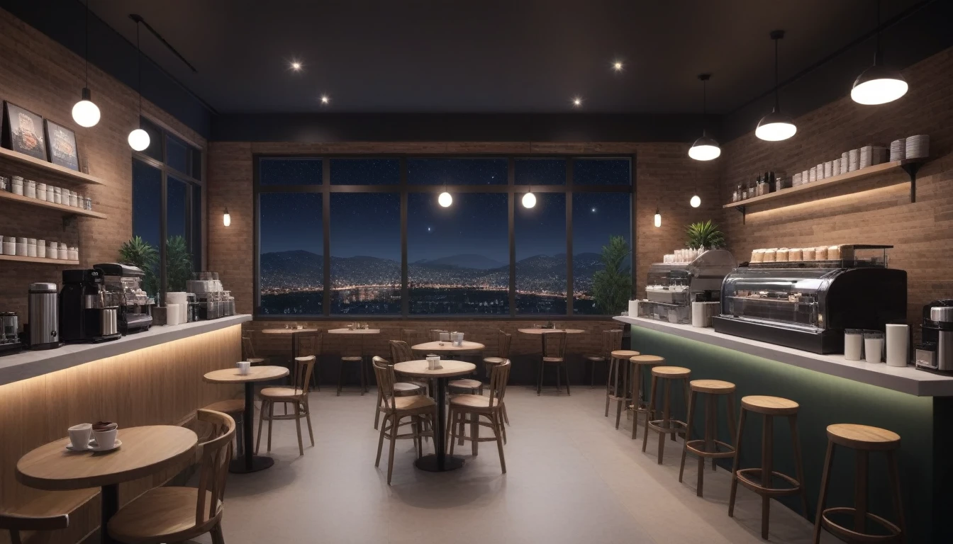 at night, frontal shot coffee shop interior, tables with coffee cups, and a big window in the center