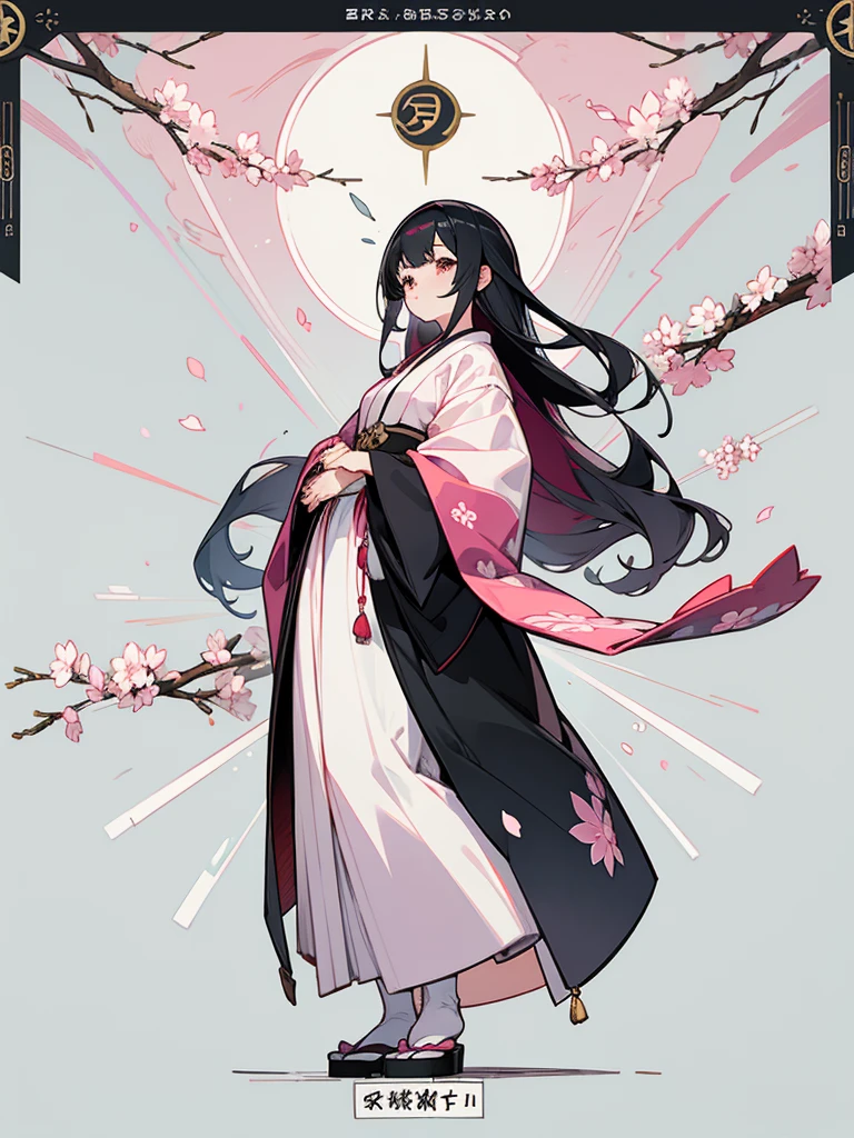 best quality, character design sheet, Character Sheet、adult woman、No hat on, Black and pink hair, whole body, Head to Toe, Fortuneteller、Standing facing forward, Beautiful black dress, long Black Hair, whole body, Pure white background, from front, best quality, Standing pose、Cherry blossom pattern、adult、Japanese、Clear eyes、Adult Japanese、Clear eyes、Standing facing forward、The face is facing forward、holding tarot cards in hand