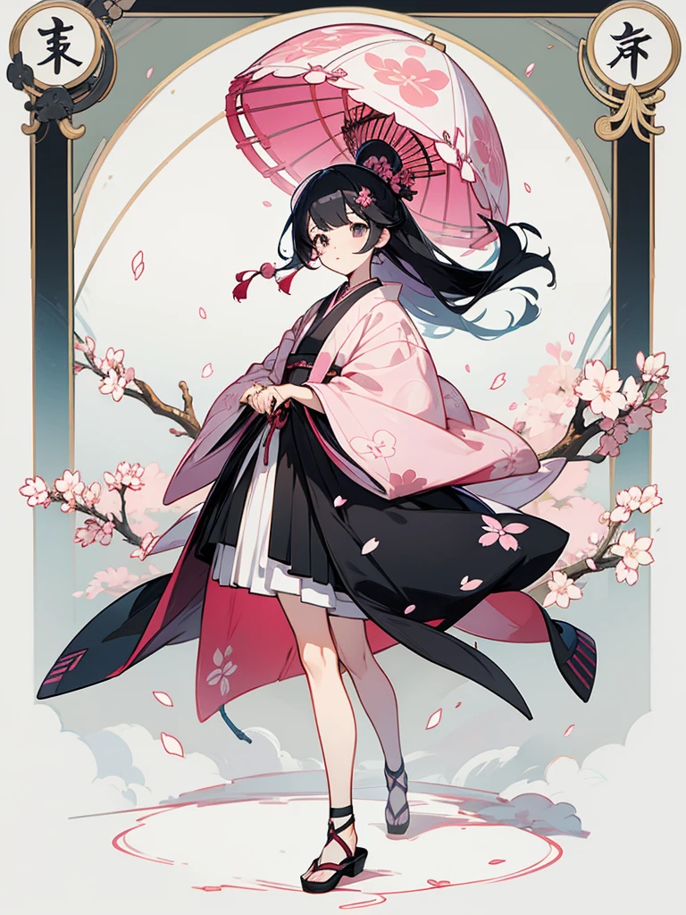 best quality, character design sheet, Character Sheet、adult woman、No hat on, Black and pink hair, whole body, Head to Toe, Fortuneteller、Standing facing forward, Beautiful black dress, long Black Hair, whole body, Pure white background, from front, best quality, Standing pose、Cherry blossom pattern、adult、Japanese、Clear eyes、Adult Japanese、Clear eyes、Standing facing forward、The face is facing forward、holding tarot cards in hand