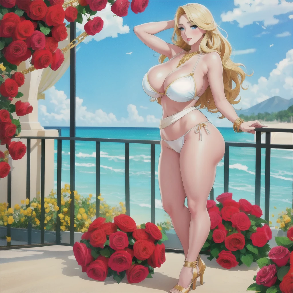 An extremely beautiful stunning busty woman, with gold blonde long silky hair, big blue eyes, extremely super bright snow white fair stunning flawless glowing lush shiny flawless white skin, a perfect tight hourglass figure, and a skinny waist, sexy thick smooth luscious legs and thighs, extremely cute smile on the face, bright pink blushes on cheeks, wearing a short sexy tight revealing white sexy bikini with threads, yellow heels, gold necklace on the neck, gold anklets on feet, gold chain on the waist, standing straight, holding a red roses bouquet, beach in the background, show full body from head to feet.