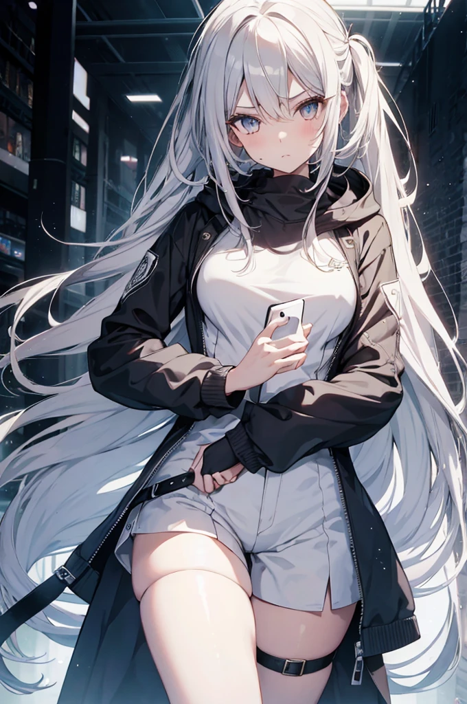 1girl, {Solitary}, Upper Body ,{{ {Watching at viewer}}}, Arms at your sides, Concept Art, white Background, simple Background, White hair, Silver gradient hair , Composite cloth, Asymmetrical clothes, Virtual YouTuber, best quality, masterpiece, Dynamic Angle, guilty gear, guilty gear, guilty gear, cowboy_shooting, Watching_Back, grab, girl,Miss,woman, young,20 years old, Very long hair, Hair Flip, Silver Hair, Flowing hair, Ahog, giggle, Beautiful and delicate golden eyes, teeth, Moderate_breast, Blonde eyes, White skin, hoodie, Black_shorts, Gray clothes, transparent_Background, Backlighting, absurd, high resolution, Extremely detailed,sweater