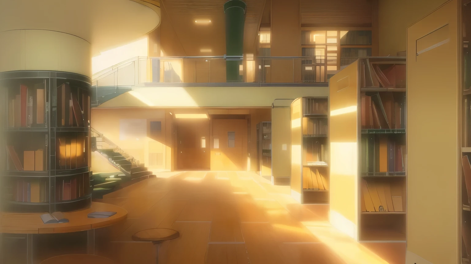 masterpiece, Shinkai Makoto,Animation,Fine lines,best quality, vnschoollibrary bookshelf, in the morning, Windows, Potted plants, Student Groups, Wooden floor, Anime style, stairs,bookshelf,books