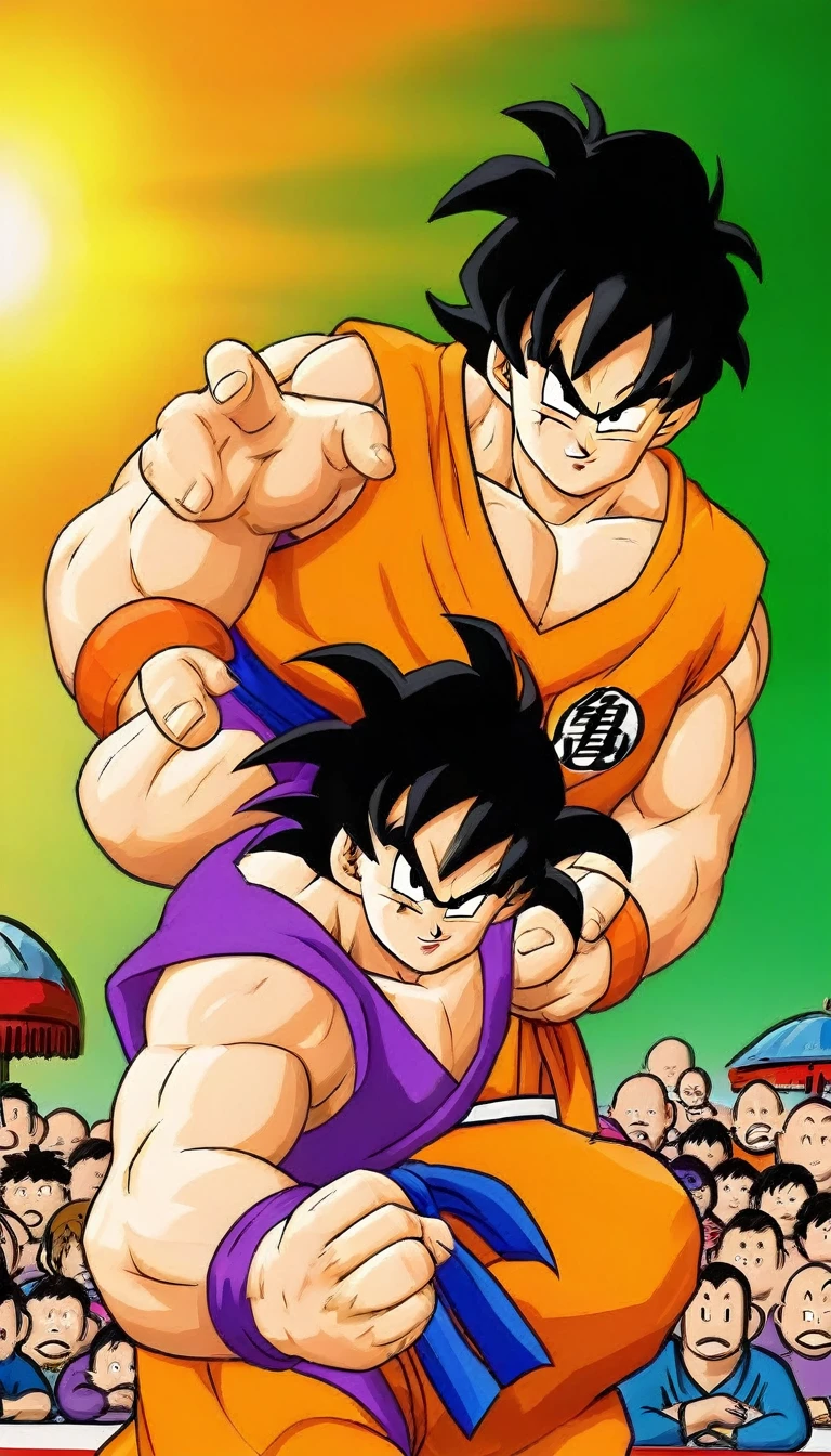 During a match in a mixed martial arts ring, Yamcha and frieza fighting
