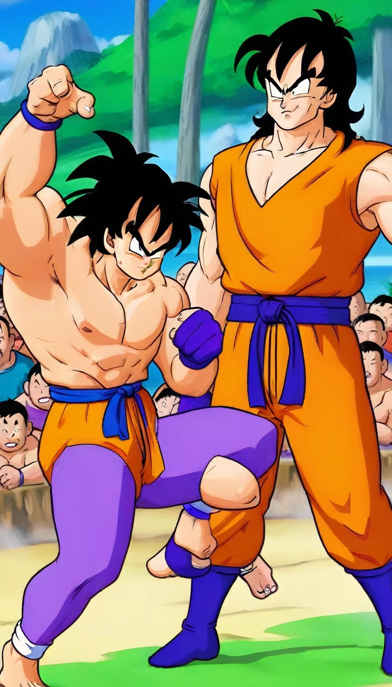During a match in a mixed martial arts ring, Yamcha and frieza fighting
