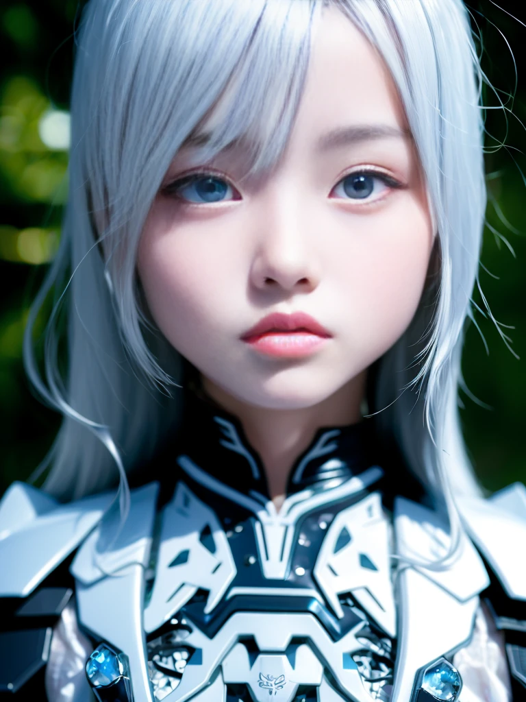 ((top-quality:1.4))、(unparalleled masterpiece ever)、(The ultra -The high-definition)、(ultra realistic 8k cg)、(Photorealsitic:1.4)、RAW Photography、ciinematic light,In the dark forest、The tree々Sunlight penetrates、(actionpose:1.4)、(dark shot:1.4)、Platinum White Hair、Beautiful angel covered with jewels、((Highly detailed white luxury mecha armor))、 verd s eyes、Broken Angel Wings、、lensflare、Shading by sunlight、8 class large、thin body、Add depth to images with backlight effects、 perfect anatomia、portrait 、 looking at viewer