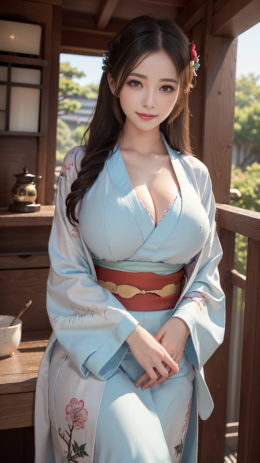 (((Normal dressing:1.5))),(Surreal), (High resolution), (8K), (Very detailed), (Best illustrations), (Beautifully detailed and sparkling eyes), (Highest quality), (Very detailedな), (masterpiece), (wallpaper), (Detailed face), (Beautiful smile)、(Beautiful expression)、alone、(((Big Breasts)))、Looking into the camera、((Glamorous Body))、(((shrine、Beautiful kimono)))