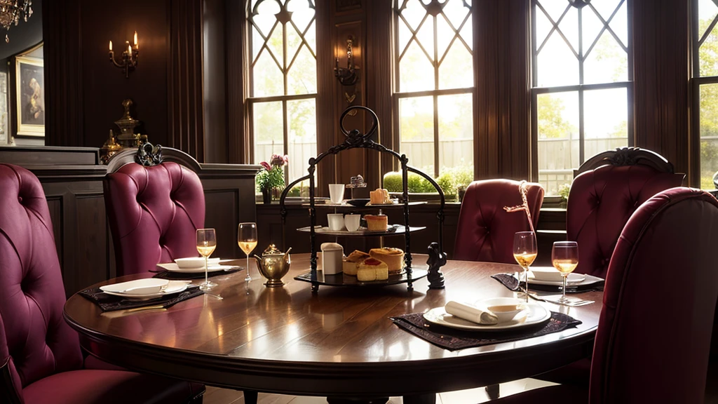 gorgeous dining table,alchemy,afternoon tea,candle,deep purple atmosphere,