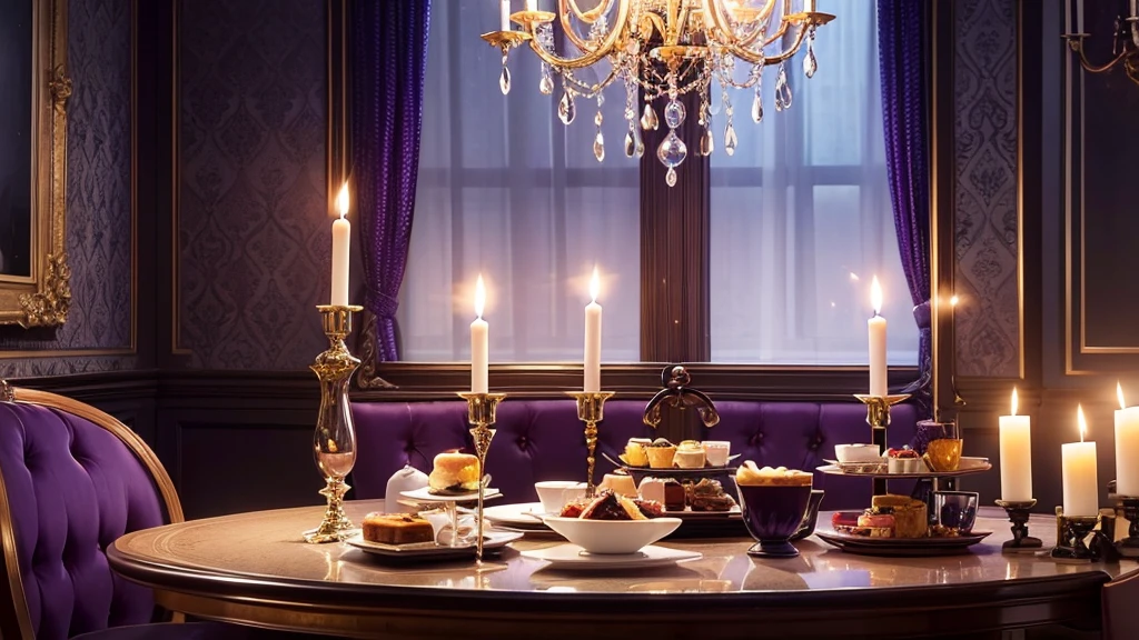gorgeous dining table，alchemy，afternoon tea，candle，deep purple atmosphere，