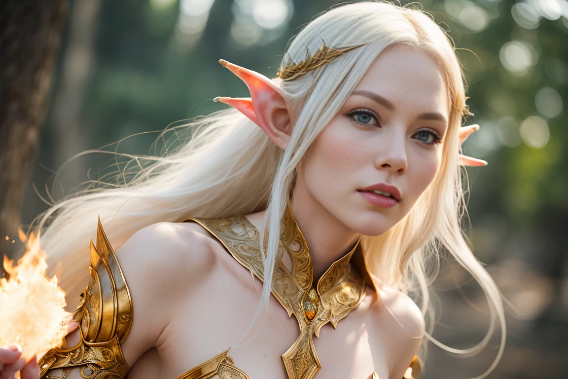 Create an ethereal scene of an elven woman standing gracefully in a mystical forest. She has long, flowing blonde hair adorned with delicate golden accessories that resemble leaves. She is dressed in a translucent, flowing gown with golden leaf-shaped shoulder armor. The forest is softly lit by the golden rays of sunlight filtering through the trees, creating a warm and magical atmosphere. Golden leaves gently float around her, enhancing the otherworldly and serene mood of the scene."