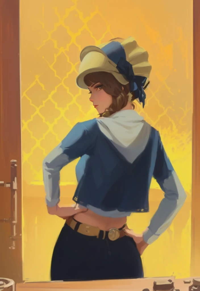 there is a cartoon picture of a woman in a blue shirt, inspired by Junpei Satoh, character art closeup, inspired by Luigi Kasimir, lofi steampunk bioshock portrait, bioshock infinite style, inspired by Philipp Veit, lofi bioshock steampunk portrait, stylised painting, a portrait of the character, stylized painting, inspired by Carl Eugen Keel