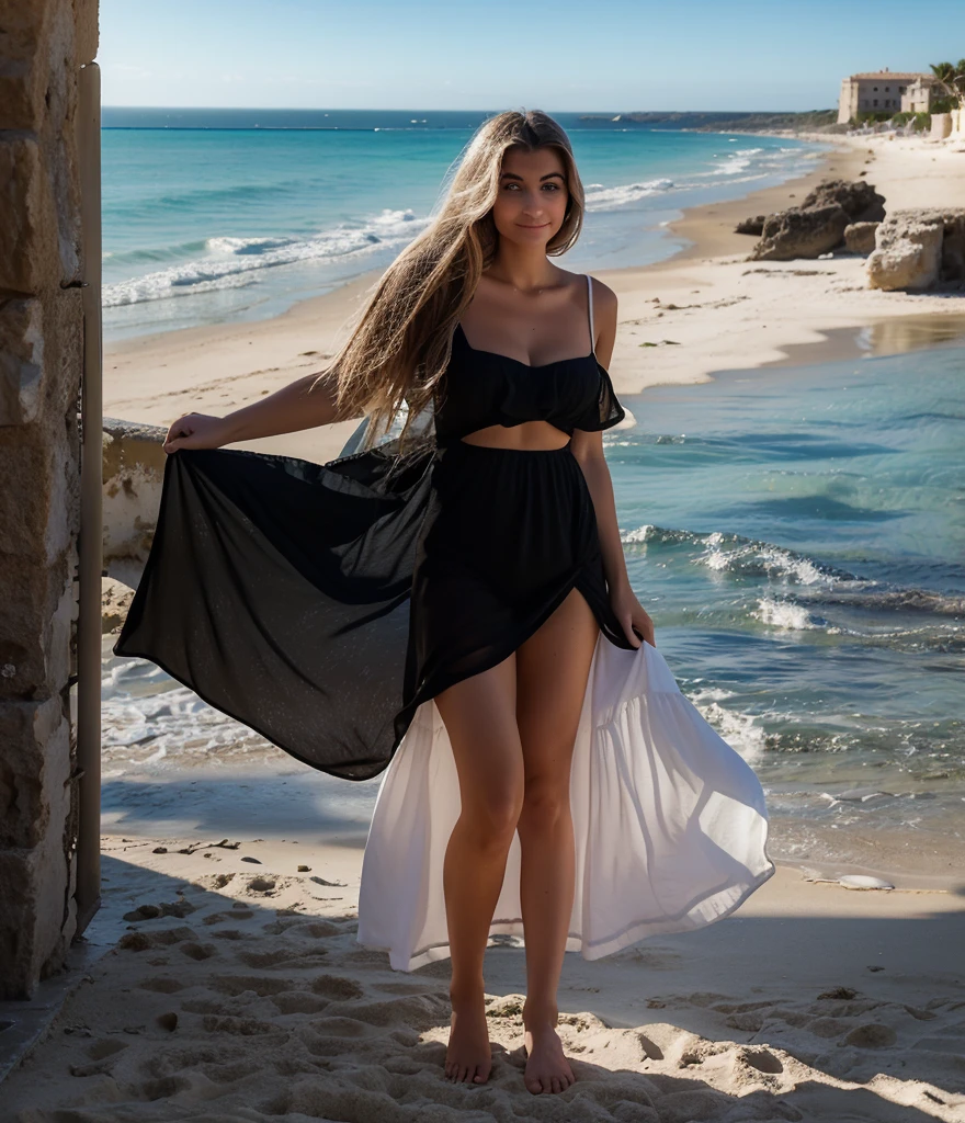 lovely woman, sur les plage de Chypre, nice face, ((white dress)), full  body, ((regard face à la caméra)), jolie coprs, smirk, beach and sea, some Greek ruins behind it, big sun, drapeau de Chypre