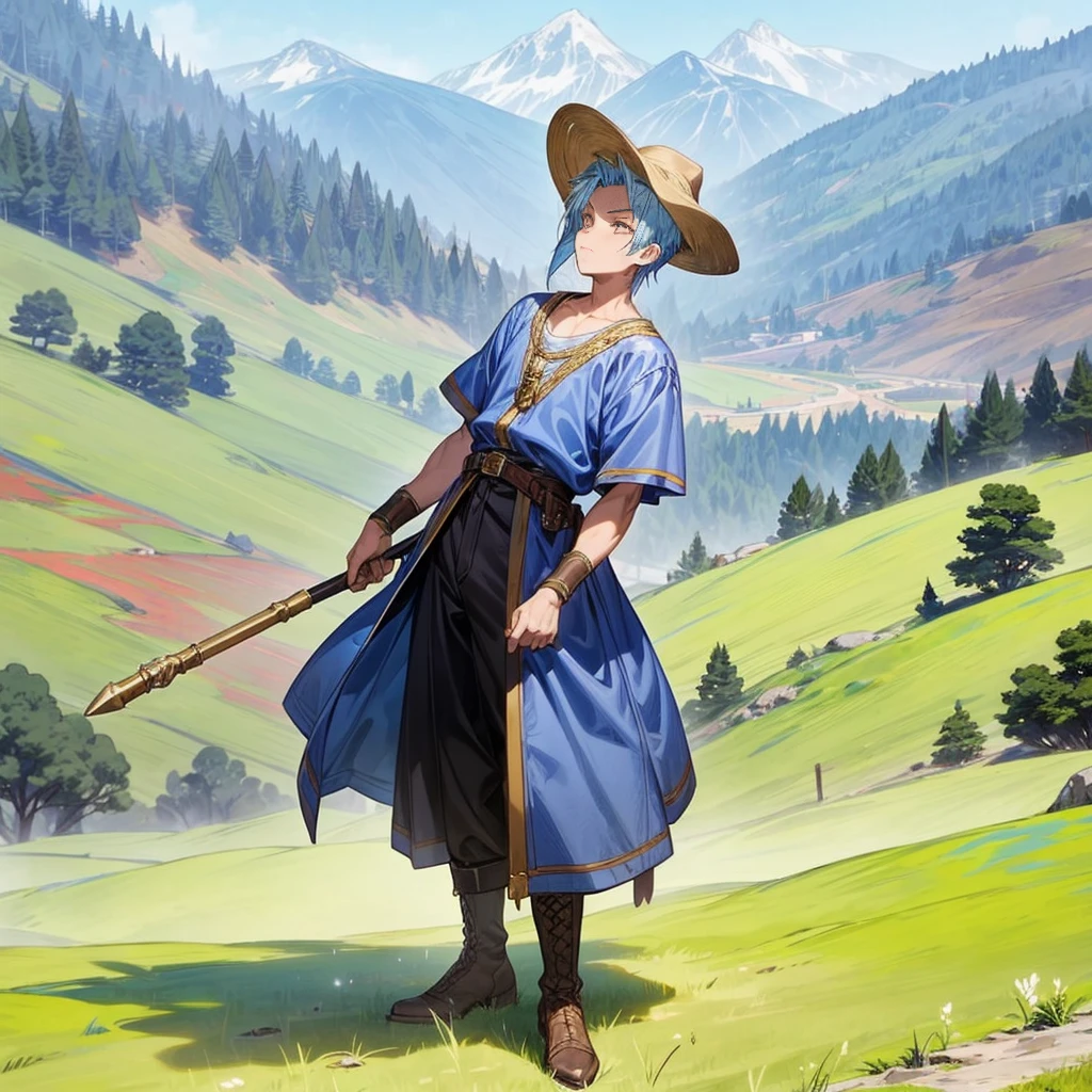 1boy, Full body version, 1character, gold eyes, tan skin, mohawk hairstyle, round eyes type, gold colour hair, blue cowboy hat, Renaissance clothing, gray color clothing, Ancient Roman boots, (hammer in hand), Grassroots background in mountain fields