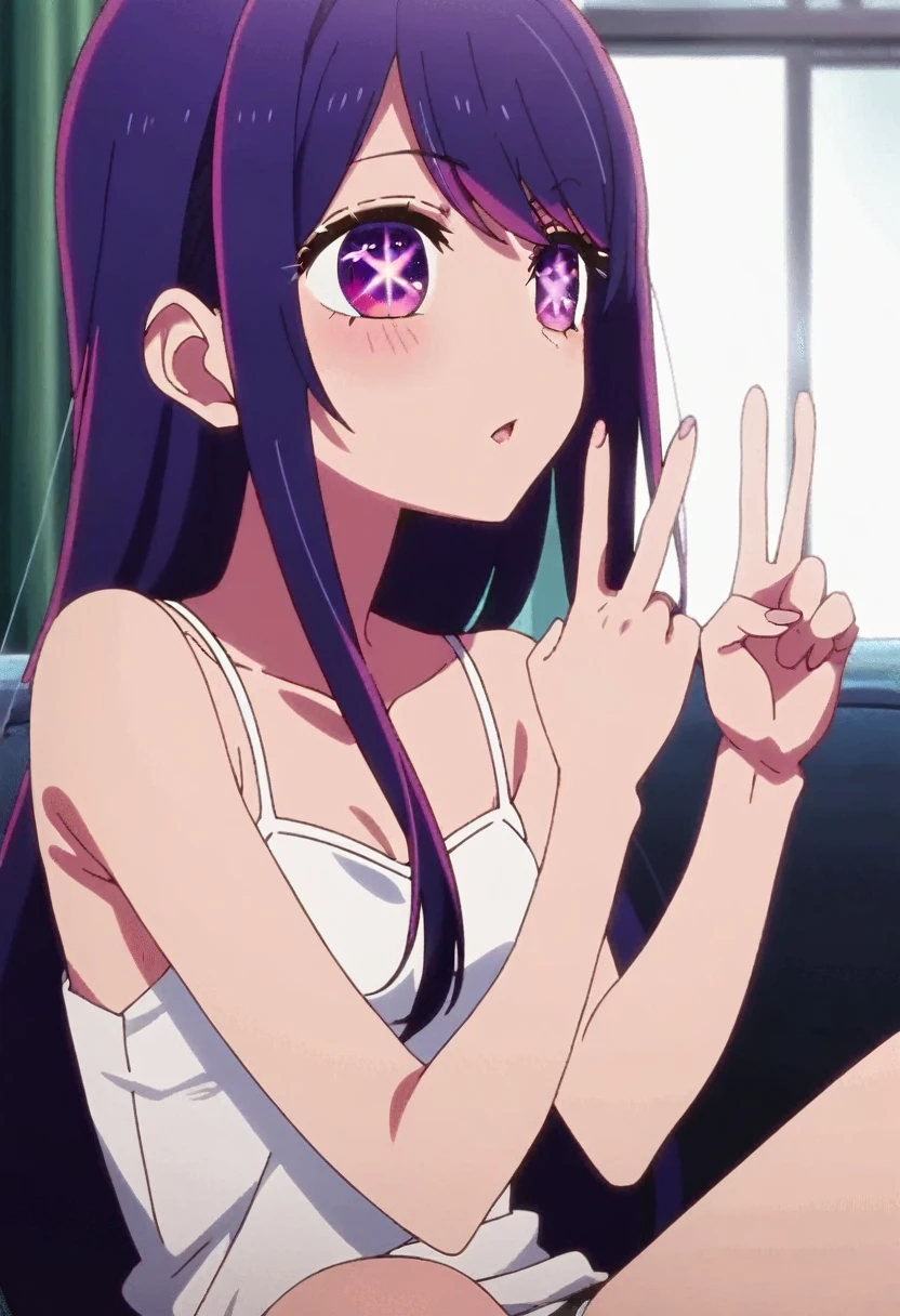 (score_9_up, score_8_up, score_7_up), (masterpiece, best quality, ultra detailed, intricate details, source アニメ, high resolution, smooth lines), hoshino ai, 1girl, 独奏, Purple Hair, Purple eyes, Long Hair, swept bangs, (star-shaped pupils:1.4), アニメ, peace fingers, medium breasts, sitting, spread legs, Camisole, panties, アニメ screencap, animated gif, animate
