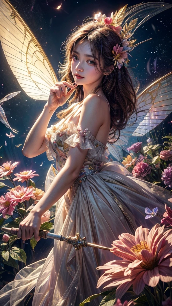 color photo of a flower fairy with transparent colorful wings, holding a magic wand， beautiful, ((ultra-detailed)), (highly detailed illustration), (expressionless), (best quality:1.2), realistic8K UHD, High definition,(masterpiece)
