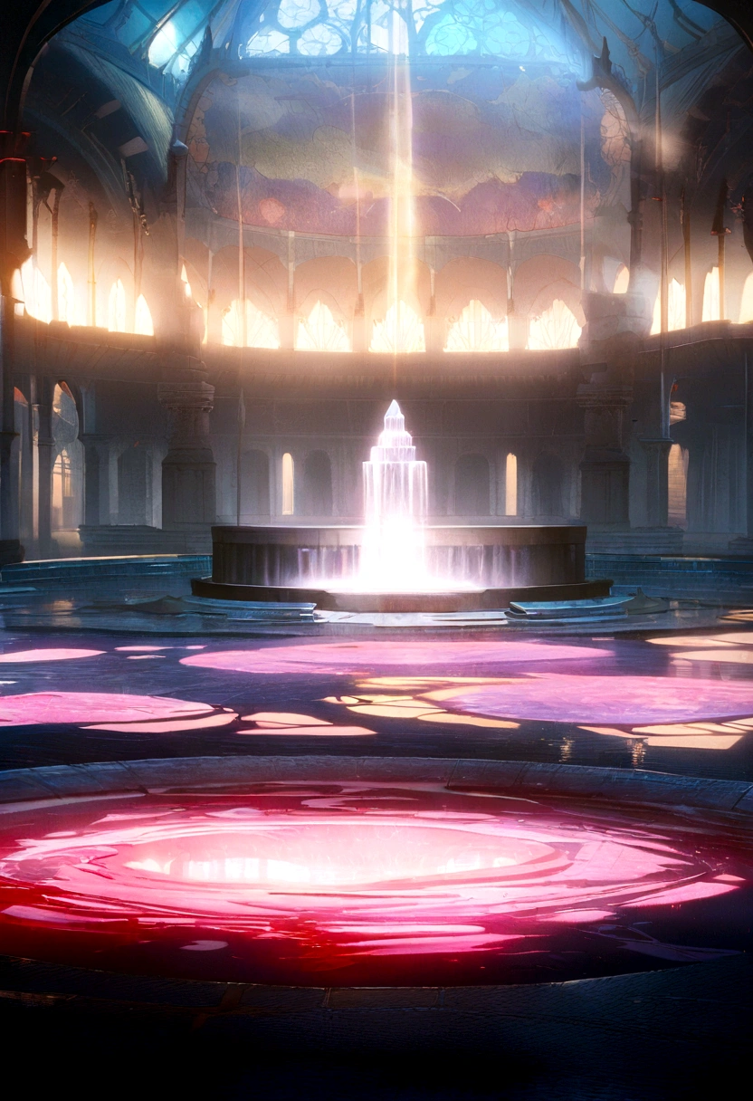 a large room with a fountain inside of it, a detailed matte painting by Makoto Shinkai, cgsociety, aestheticism, anime aesthetic, rendered in unreal engine, unreal engine 5