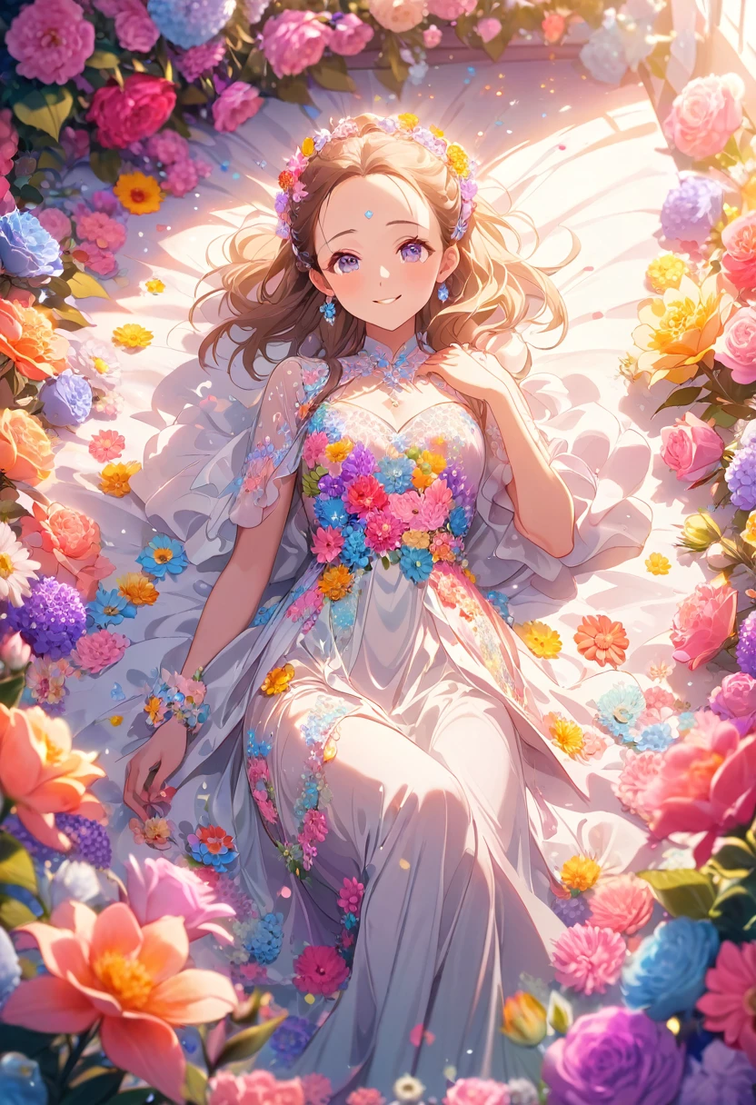 8K,high-res,((ultra detailed face)),Describe a scene in which a beautiful woman character is lying on a bed made by lot of flowers, she is 20 years old,wearing a beautiful dress,. Surround her with colorful flowers.(((big smiling))).((forehead)),pastel theme,kindness,soft focus,soft lighting