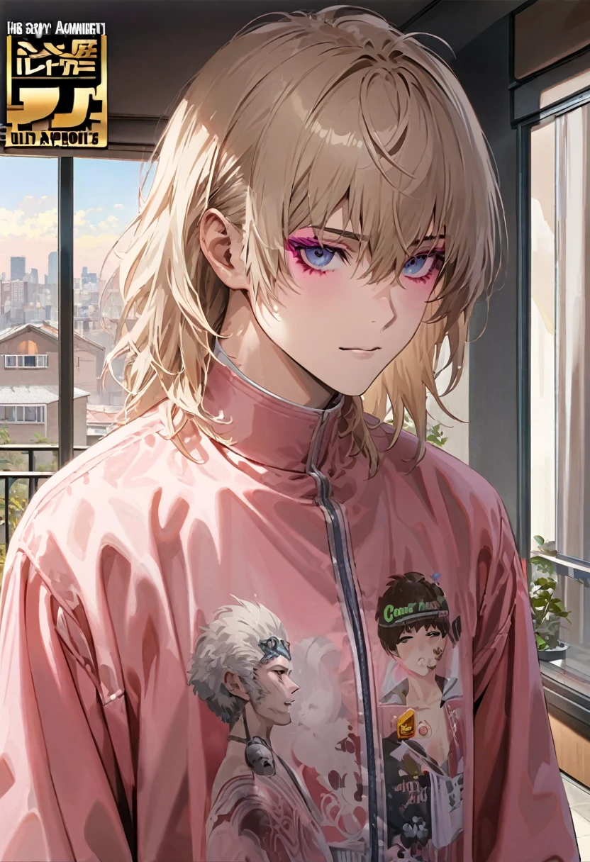 Manga cover style, detailed. best quality, art, detailed face, in the style of lora marvin. (32-year-old man) (effeminate appearance) (messy platinum blonde hair) (pink eyeliner) (His skin is pale) ) (wears a pink robe) (The background is an apartment balcony) (artwork) (ultra detailed)