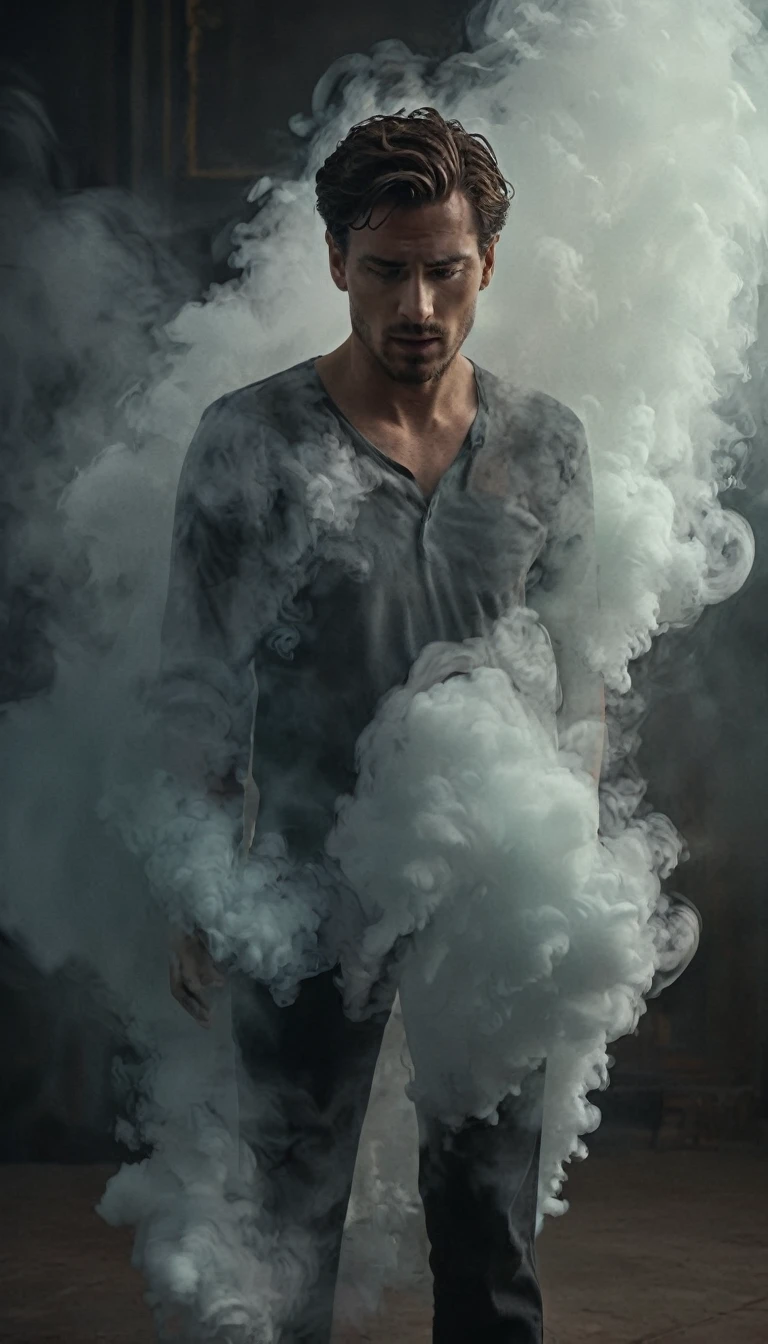 ethereal photo of the face of a full body, handsome man looking to the right, emerging from swirling strokes of smoke and vapors, style of Peter Lindbergh, intricate artwork masterpiece, ominous, golden ratio, intricate, epic, trending on artstation, highly detailed, vibrant, production cinematic character render, ultra high quality model