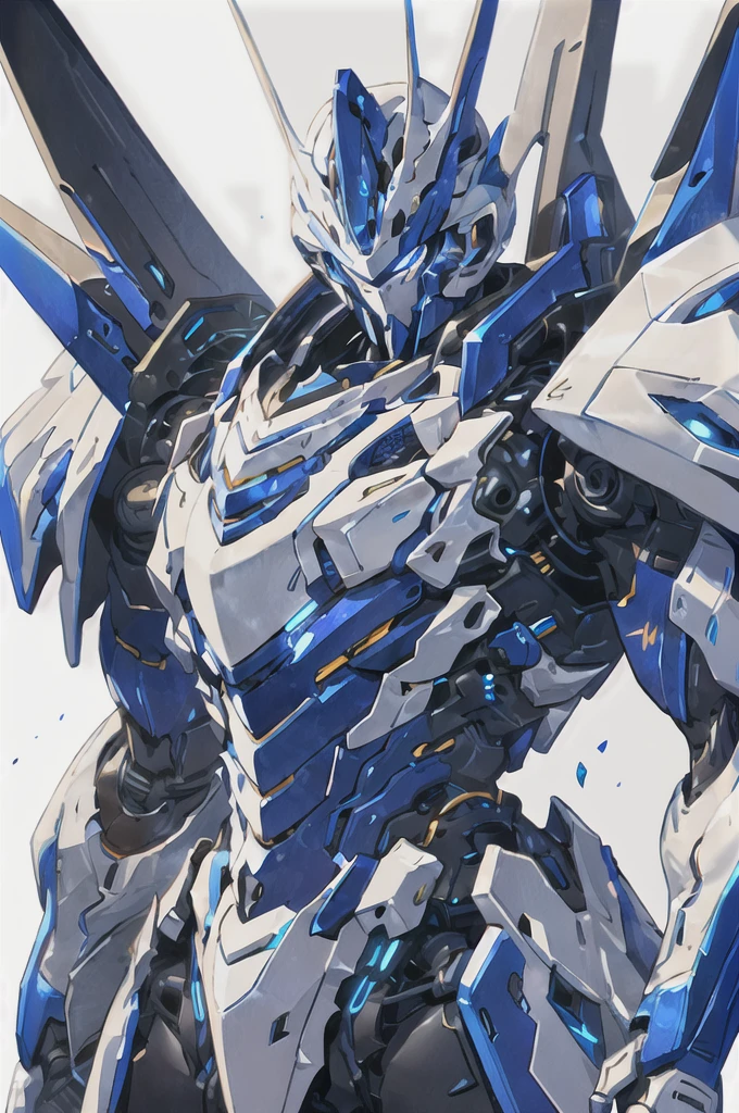 [(WHITE BACKGROUND:1.5)], nijimecha,Blue mech standing,mech with heavy armor, Black armor, thick limbs,energy core,power armor,full armor,best quality,masterpiece,no human being,v-fin,bule theme,(upper body)