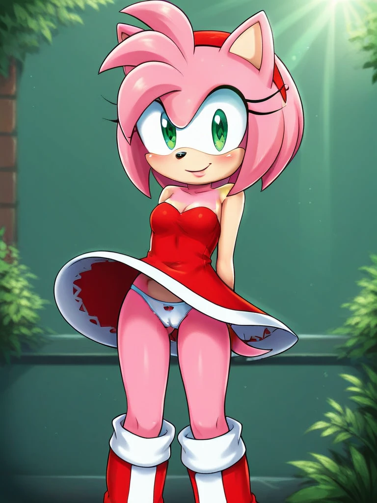 score_9, score_8_up, score_7_up, score_6_up, score_5_up, score_4_up, amy rose, (front view), (2D anime style), anthro furry, pink fur, green eyes, small breasts, cleavage, strapless, (cute red short dress), (red boots), (pantyshot), (cute white panties), (cameltoe), white gloves, sexy curves, big head, (solo), standing, seductive pose, looking at viewer, hands behind back, blushing, seductive stare, (green park background), sunrays