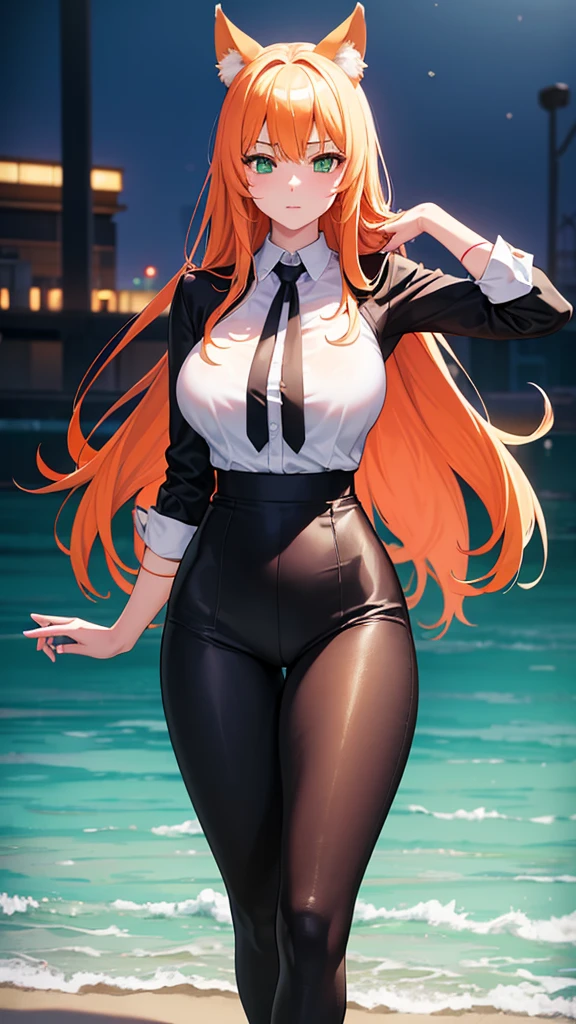 (masterpiece, Best quality), 8K, ultra detailed, realistic photo, Detailed face, perfect lighting, green eyes, bright orange hair, bright hair, fox ears, nice legs, side photo, beautiful, Cute, skin pores, 1 girl, perfect shirt, fully dressed, beautiful women 30 years old, Beautiful proportions, Russian woman, Caucasian, European, Business lady, stunningly beautiful woman, mother, thick legs, show ass, big breasts, (Thin white shirt:1.4), thick, hot, (White Office Wear:1.4), tight pants, (wide hips:1.2), thick, (white Office pants:1.3), spread your legs, Legs open, full length, wide hips, Glasses, with long orange hair, standing on the beach near the ocean, green eyes detailed digital anime art, cat ear, anime girl with long hair, гладкое аниме cg art, anime girl with long hair, digital anime art, work in Guweiz style, Beautiful anime portrait, Photorealistic render of an anime girl, pantyhose, Beautiful anime girl, advanced digital anime art, guweiz на artstation pixiv HD UHD HQ