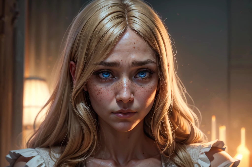 Beautiful demon girl bust closeup,Close-up,Long blond hair,slightly curly hairstyle,Rich skin,Capillaries are faintly visible,Rough skin,freckles on his cheeks,A few moles,A touch of sadness,The eyes are not big,Perfect hands,Wearing a cotton and linen white vest,detail-rich,Movie lighting,contrast of light and shadow,rendering by octane,blue eyes, 40 yo