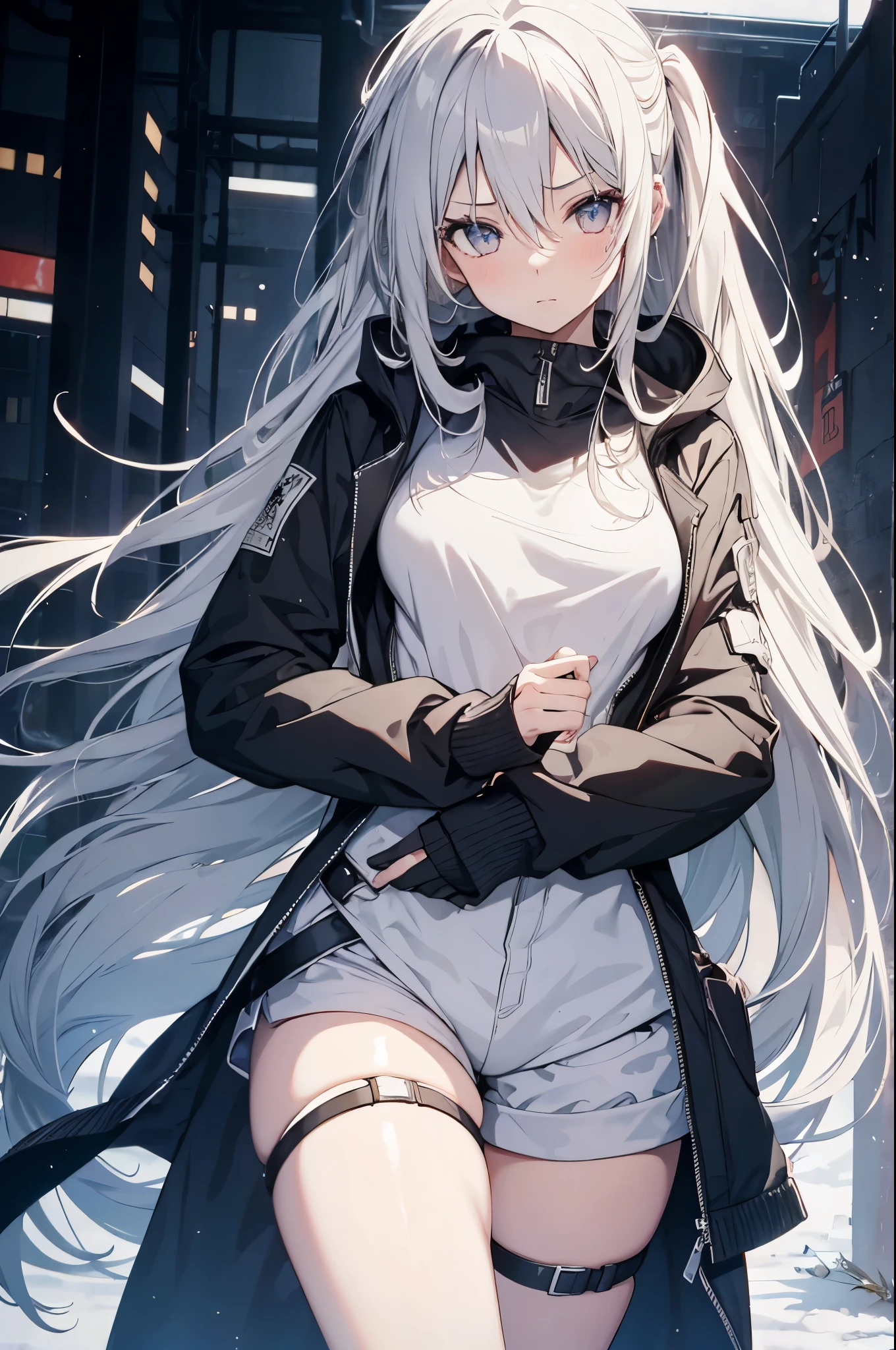 1girl, {Solitary}, Upper Body ,{{ {Watching at viewer}}}, Arms at your sides, Concept Art, white Background, simple Background, White hair, Silver gradient hair , Composite cloth, Asymmetrical clothes, Virtual YouTuber, best quality, masterpiece, Dynamic Angle, guilty gear, guilty gear, guilty gear, cowboy_shooting, Watching_Back, grab, girl,Miss,woman, young,20 years old, Very long hair, Hair Flip, Silver Hair, Flowing hair, Ahog, giggle, Beautiful and delicate golden eyes, teeth, Moderate_breast, Blonde eyes, White skin, hoodie, Black_shorts, Gray clothes, transparent_Background, Backlighting, absurd, high resolution, Extremely detailed,sweater