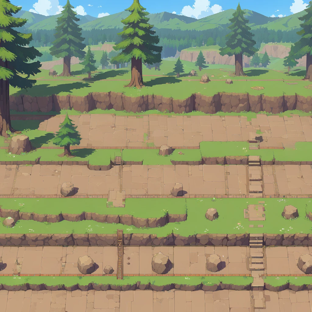 retro video game style,pixelated, vibrant pastel colors,8-bit characters,blocky shapes,sharp lines,detailed shading,classic gaming vibe,nostalgic atmosphere,classic arcade games,masterpiece:1.2,ultra-detailed,illustration style, 2d texture, stone texture, 4 k seamless mud texture, video game texture, dirt texture, tileset, game tiles, grass, 3/4th perspective trees, 3/4th perspective tileable rock texture, 3/4th perspective tileable cliff formations, tileable trees, topdown view, game texture, game art, tileable texture, very detailed cliff texture, intricate stones, top down view, 3/4th perspective