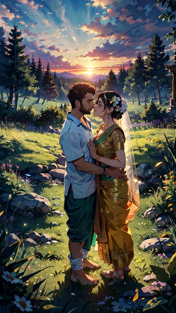 beautiful sunset, hindu temple, newly married south indian couple in traditional saree and doti outfit, decorative flower garland in thier neck, BREAK (masterpiece, best quality:1.2), outdoors, nature, forest, pines, grass, tall grass, detailed grass, plants, day, clouds, flower