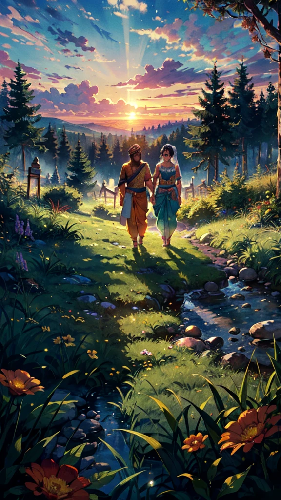 beautiful sunset, hindu temple, newly married south indian couple in traditional saree and doti outfit, decorative flower garland in thier neck, BREAK (masterpiece, best quality:1.2), outdoors, nature, forest, pines, grass, tall grass, detailed grass, plants, day, clouds, flower