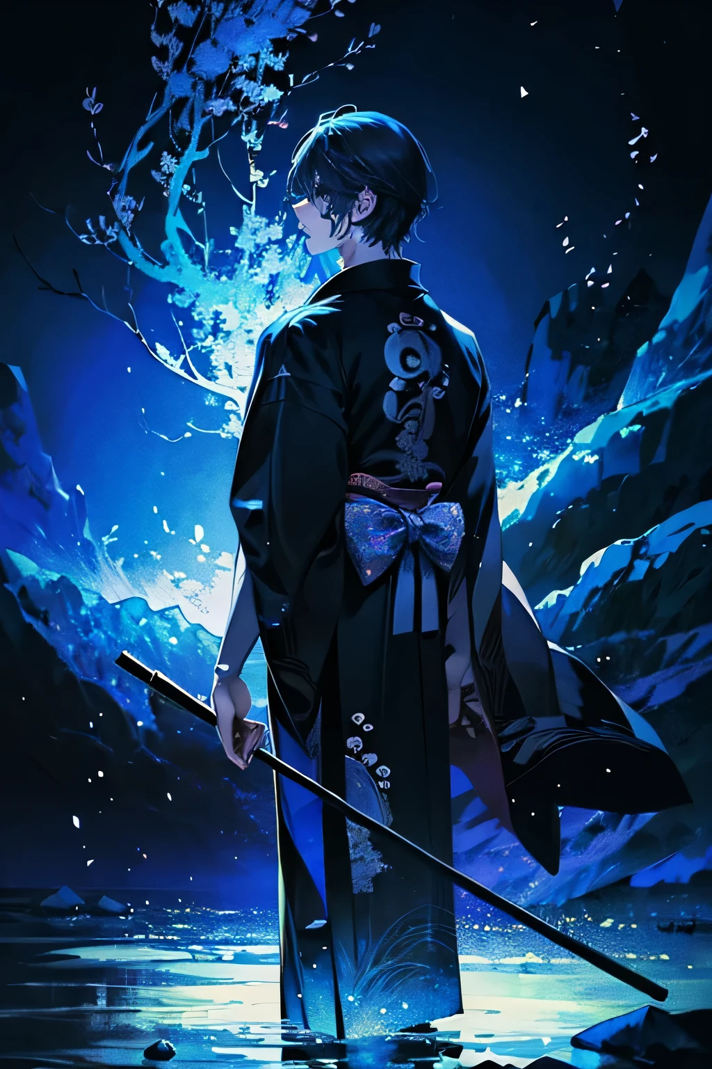 (((Japanese anime))),high quality, Draw Amount, Pixiv illustration, Winter Night、Attractive young European man standing under dazzling illuminations. he is wearing an elegant black coat, While the light of the illumination is reflected in your eyes. background, There is a fantastic landscape created by colorful lights.. It is a place with a mysterious and romantic atmosphere.