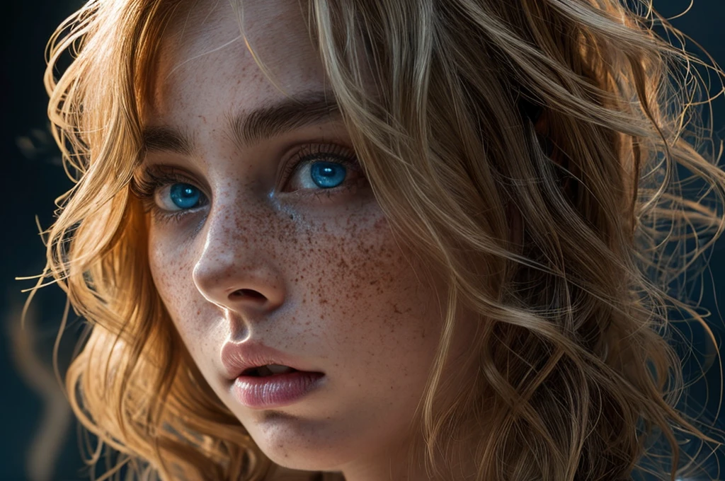 Beautiful demon girl bust closeup,Close-up,Long blond hair,slightly curly hairstyle,Rich skin,Capillaries are faintly visible,Rough skin,freckles on his cheeks,A few moles,A touch of sadness,The eyes are not big,Perfect hands,Wearing a cotton and linen white vest,detail-rich,Movie lighting,contrast of light and shadow,rendering by octane,blue eyes, 40 yo