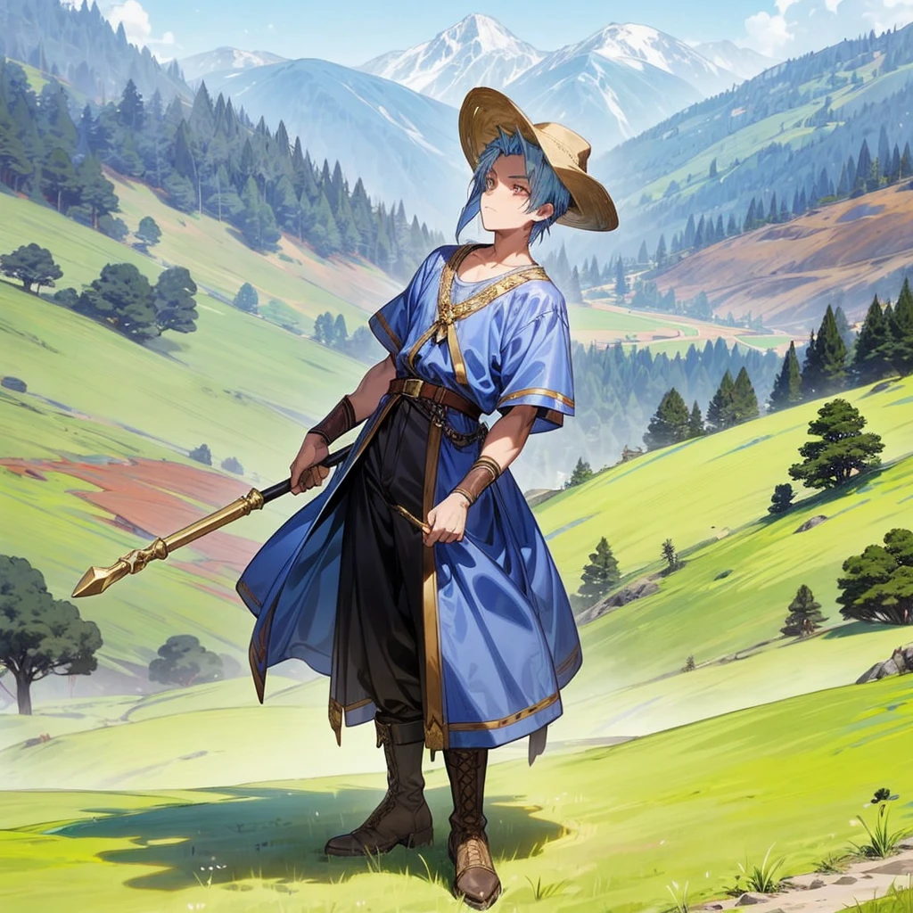 1boy, Full body version, 1character, gold eyes, tan skin, mohawk hairstyle, round eyes type, gold colour hair, blue cowboy hat, Renaissance clothing, gray color clothing, Ancient Roman boots, (hammer in hand), Grassroots background in mountain fields