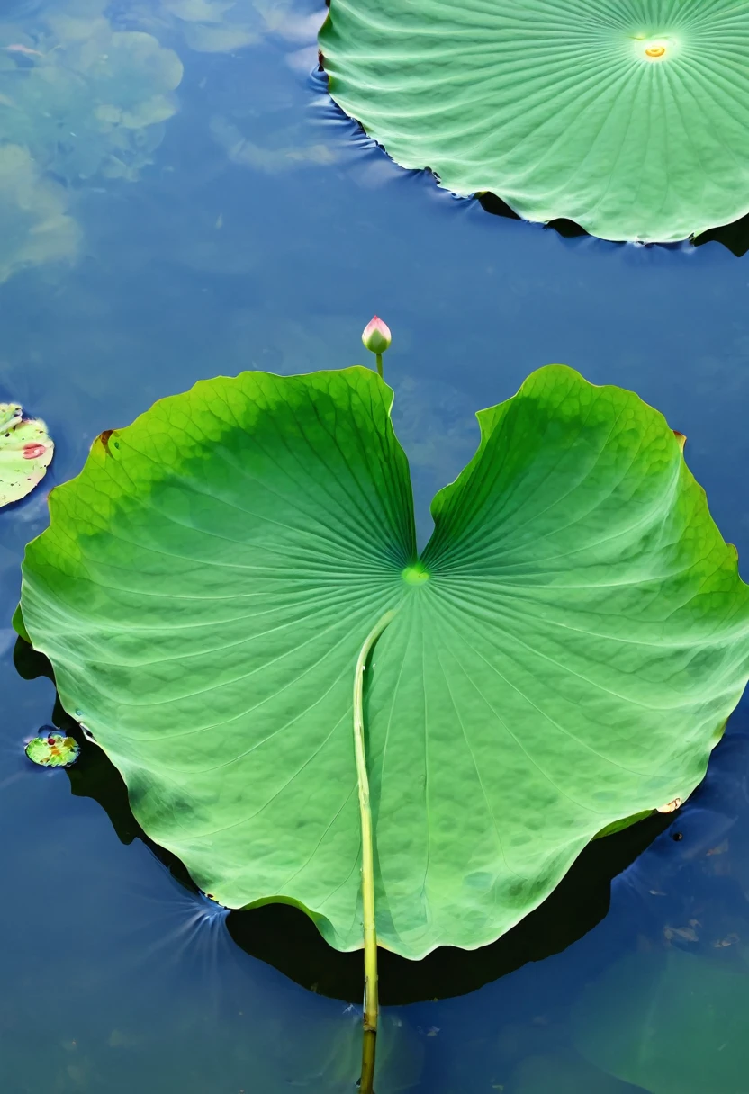 A lotus leaf，Clean picture，There is only one green lotus leaf on the river，The lotus leaf is like a dancing girl