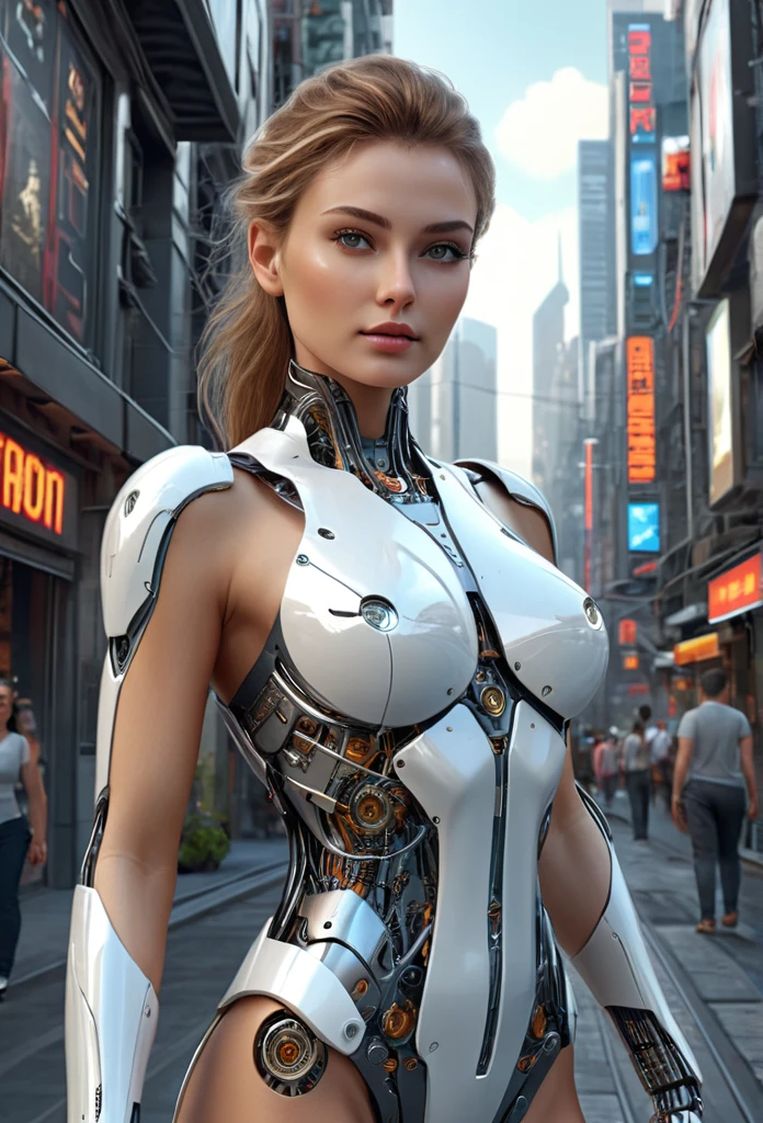 a beautiful woman-robot standing in a futuristic city backdrop, detailed intricate mechanical parts seamlessly blended with a slender, graceful humanoid form, magnificent anatomy and physique, 1/2 body crop, (best quality, 4k, 8k, highres, masterpiece:1.2), ultra-detailed,(realistic, photorealistic, photo-realistic:1.37), HDR, (intricate details:1.12), (intricate details, hyper-detailing:1.15), (natural skin textures, hyper realisitc, soft light, Sharp:1.2)