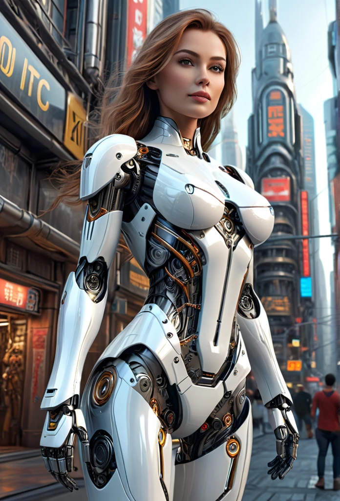 a beautiful woman-robot standing in a futuristic city backdrop, detailed intricate mechanical parts seamlessly blended with a slender, graceful humanoid form, magnificent anatomy and physique, 1/2 body crop, (best quality, 4k, 8k, highres, masterpiece:1.2), ultra-detailed,(realistic, photorealistic, photo-realistic:1.37), HDR, (intricate details:1.12), (intricate details, hyper-detailing:1.15), (natural skin textures, hyper realisitc, soft light, Sharp:1.2)