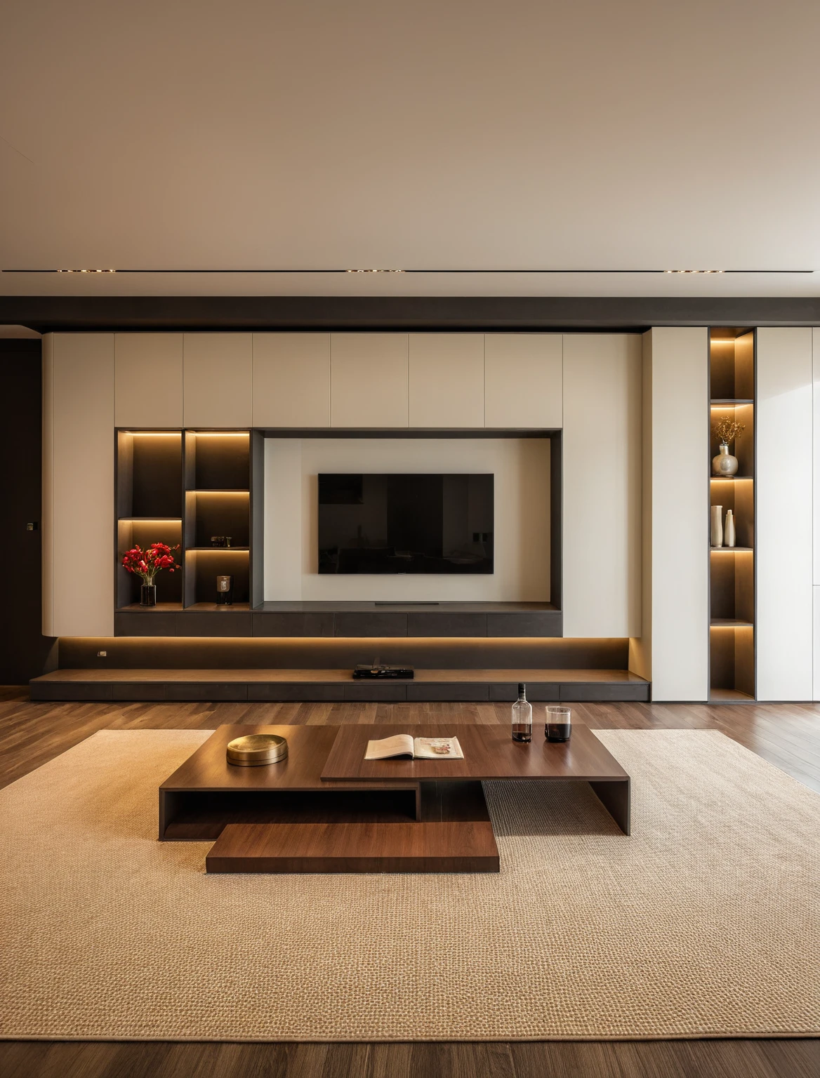 Raw photo,Masterpiece, high quality, best quality, authentic, super detail, interior , sunset, daylight, living room style Modern luxury, TV cabinet, TV, decorative cabinet, books, flower vases, bottles, tea table, tray, wine bottle, open book, carpet, wooden floor, curve, ((beige tones))