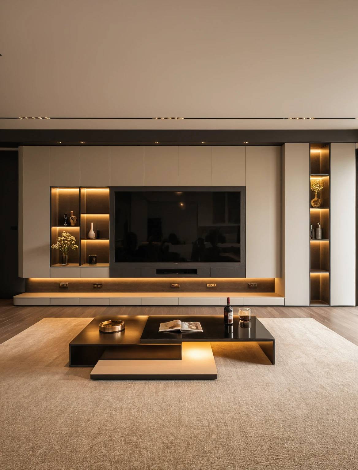 Raw photo,Masterpiece, high quality, best quality, authentic, super detail, interior , sunset, daylight, living room style Modern luxury, TV cabinet, TV, decorative cabinet, books, flower vases, bottles, tea table, tray, wine bottle, open book, carpet, wooden floor, curve, ((beige tones))