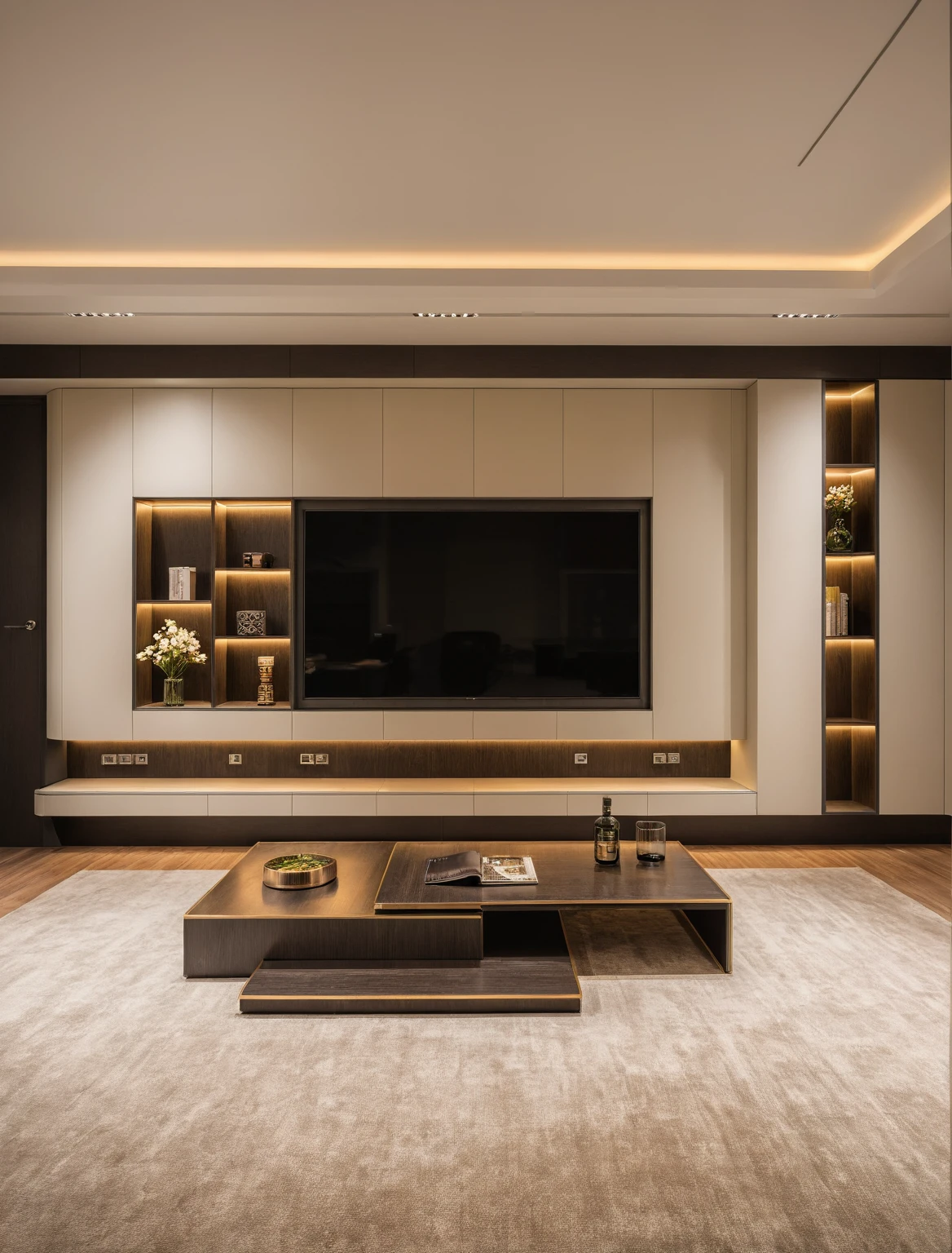 Raw photo,Masterpiece, high quality, best quality, authentic, super detail, interior , sunset, daylight, living room style Modern luxury, TV cabinet, TV, decorative cabinet, books, flower vases, bottles, tea table, tray, wine bottle, open book, carpet, wooden floor, curve, ((beige tones))