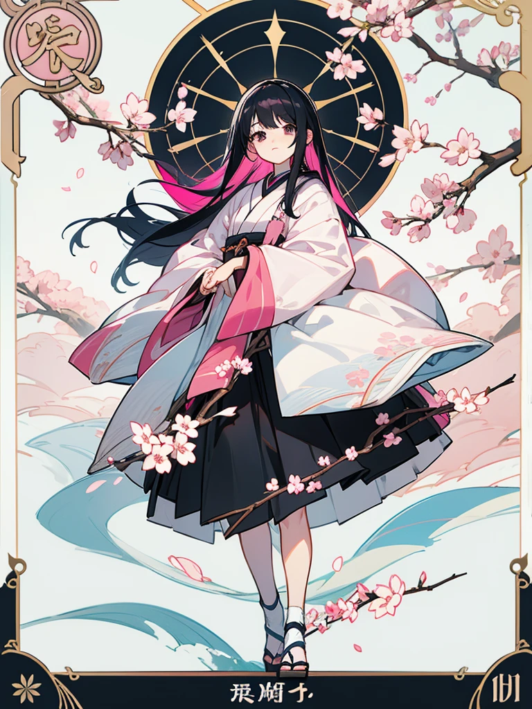 best quality, character design sheet, Character Sheet、adult woman、No hat on, Black and pink hair, whole body, Head to Toe, Fortuneteller、Standing facing forward, Beautiful black dress, long Black Hair, whole body, Pure white background, from front, best quality, Standing pose、Cherry blossom pattern、adult、Japanese、Clear eyes、Adult Japanese、Clear eyes、Standing facing forward、The face is facing forward、holding tarot cards in hand、White background