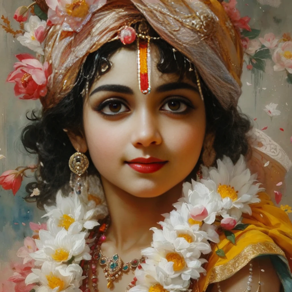 Lord Krishna, adorable face, large beautiful eyes, reddish cheeks, red lips, cute smile, curly hairs, flower garlands, lotuses, tilak, watercolor, dull but bright colors