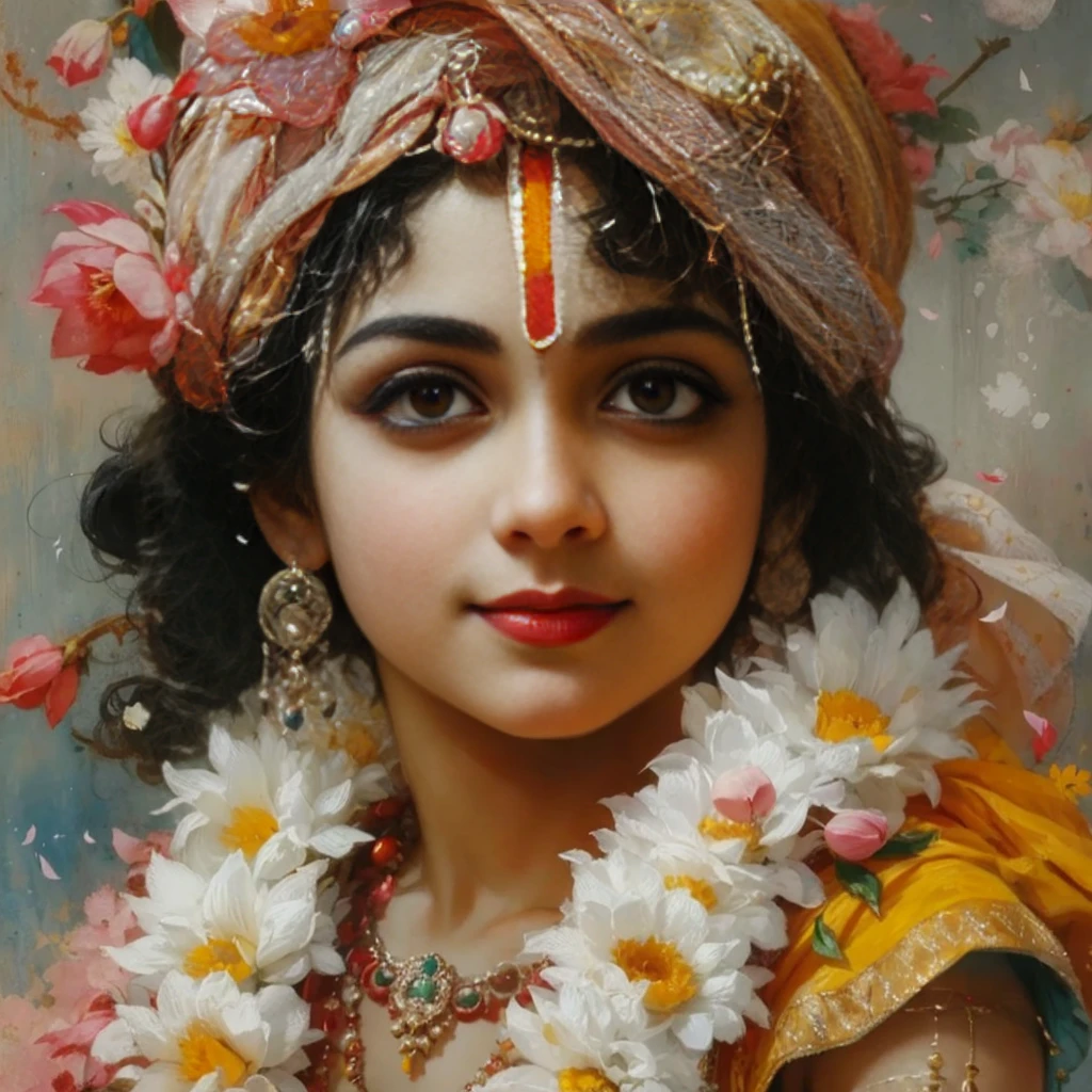 Lord Krishna, adorable face, large beautiful eyes, reddish cheeks, red lips, cute smile, curly hairs, flower garlands, lotuses, tilak, watercolor, dull but bright colors