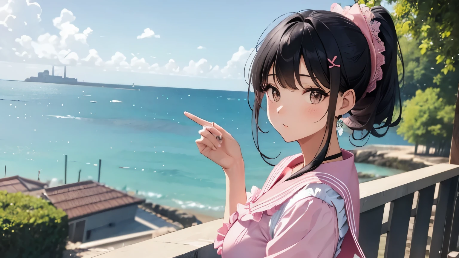 A beautiful woman wearing a pink sailor suit with lots of frills and lace Black hair ponytail with hair ornament Upper Body
