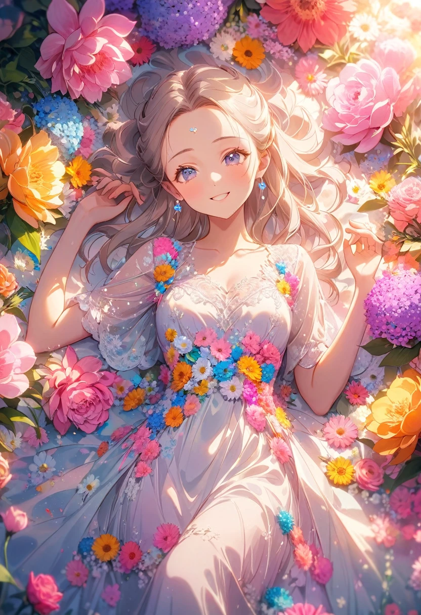 8K,high-res,((ultra detailed face)),Describe a scene in which a beautiful woman character is lying on  lot of flowers, she is 20 years old,wearing a beautiful dress,. Surround her with colorful flowers.(((big smiling))).((forehead)),pastel theme,kindness,soft focus,soft lighting