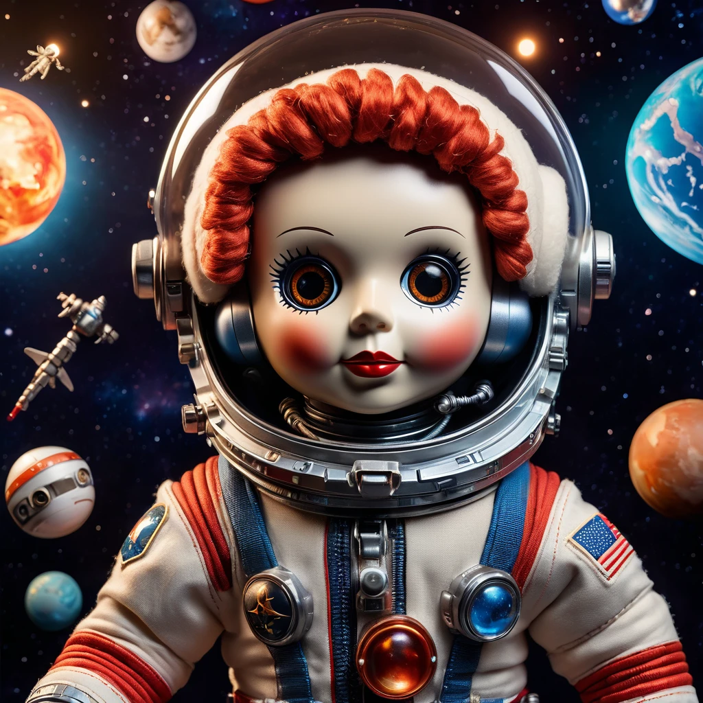 (knitted toy voodoo doll:1.8), (Voodoo Yuri Gagarin:1.3), (Clothing: Soviet cosmonaut suit with the Vostok emblem:1.5), (Accessories: helmet with reflective visor, miniature model of a spaceship, miniature globe:1.2), (background: starry space with floating space debris and glowing planets, ethereal light emphasizing the vastness of space:1.2), best quality, masterpiece, detailed soft oil painting, detailed background, dramatic cinematic lighting, soft edge lighting, professional, dramatic lighting, hard edge lighting, ultra quality, 4k,masterpiece, best quality, 8k, ultra highres, highres, extremely detailed