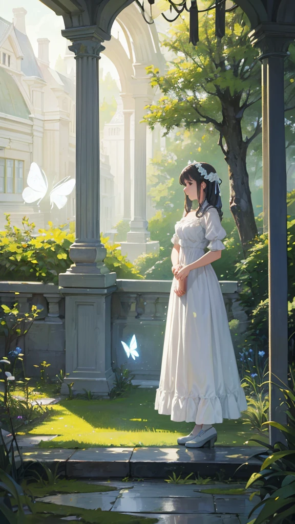 Victorian Villa, forest, villa’s garden, statues, girl with white dress, butterflies, a butler far away